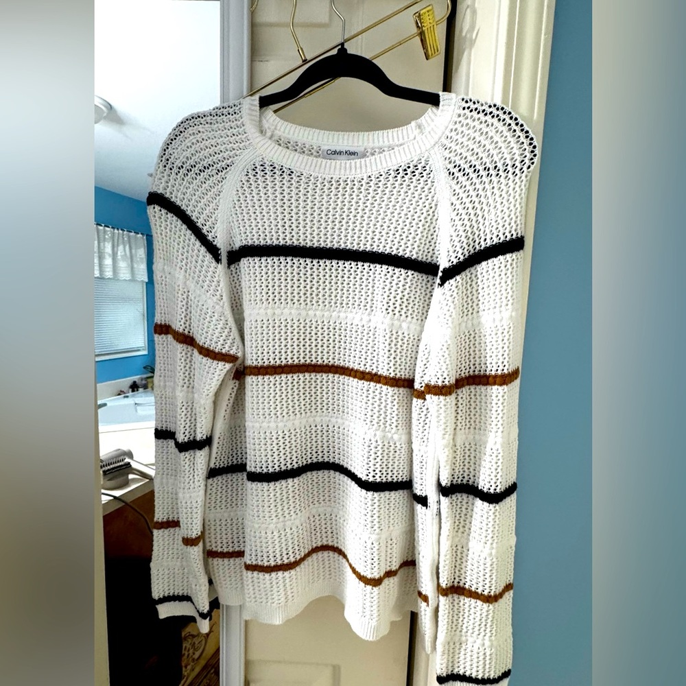 Calvin Klein classic sweater large autumn striped white brown